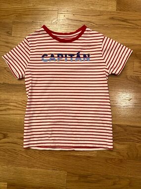 Mayoral size 5 Red & White Striped 'Capitán' Tee with Blue Lettering